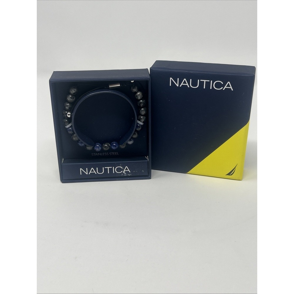 NIB Nautica Blue Charcoal Black Beaded Stainless Steel Bracelet Men's Adjustable